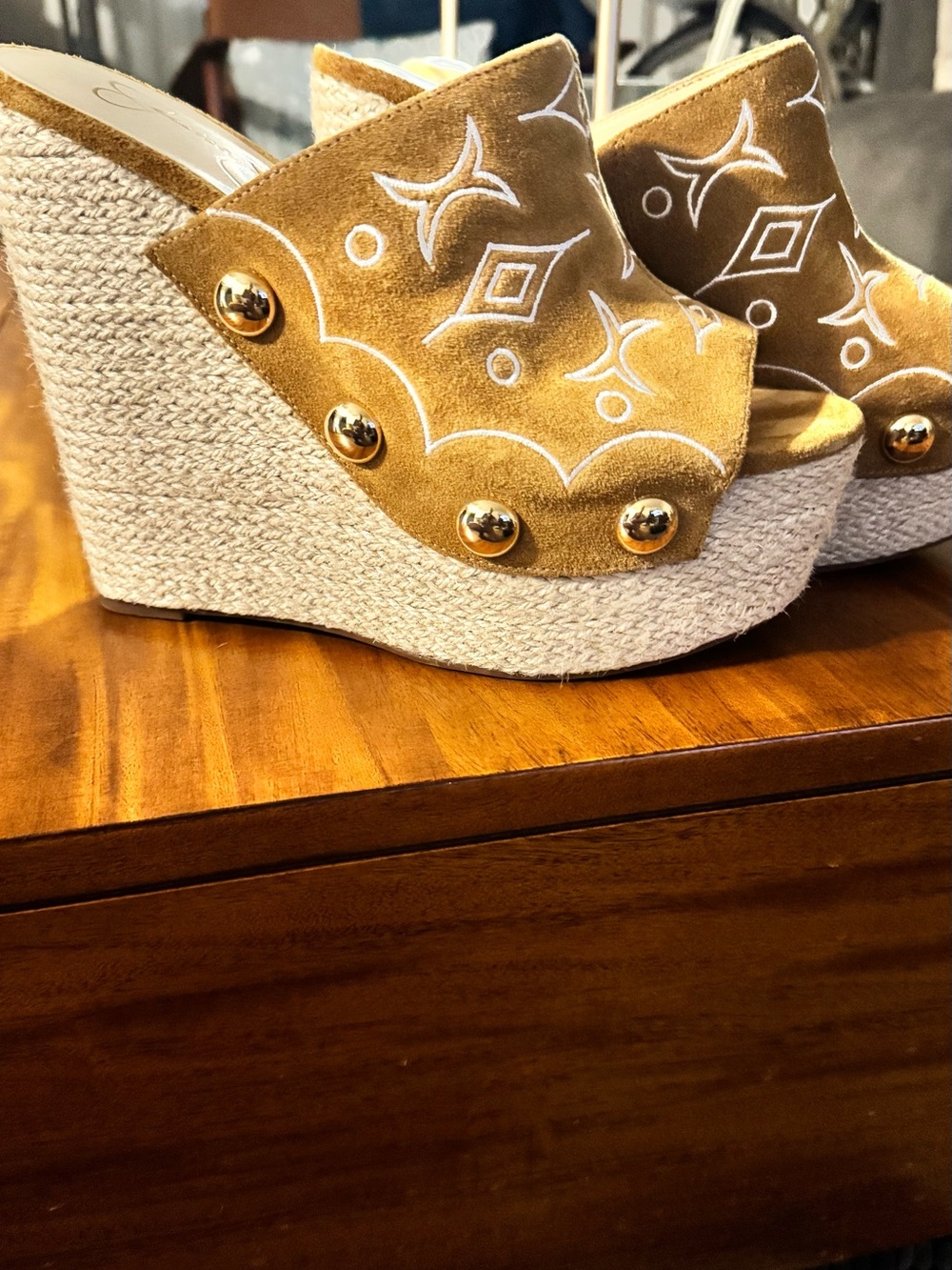 Jessica Simpson Mustard Suede Embroidered Wedge Sandals with Gold Studs